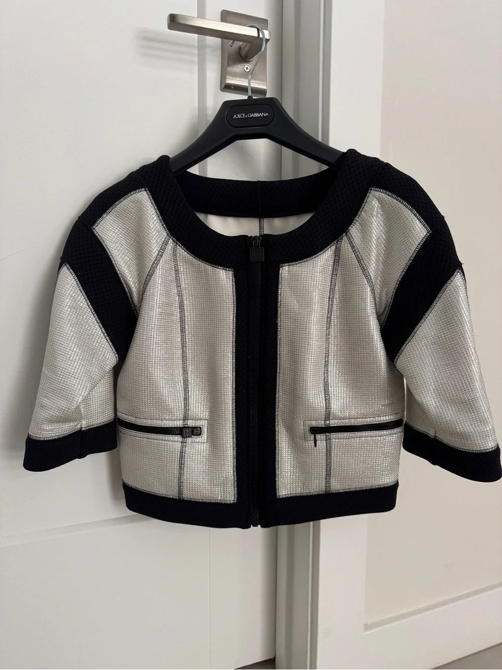 Chanel 07P Silver Metallic Black Cropped Zip Jacket - Mesh Trim Jacket